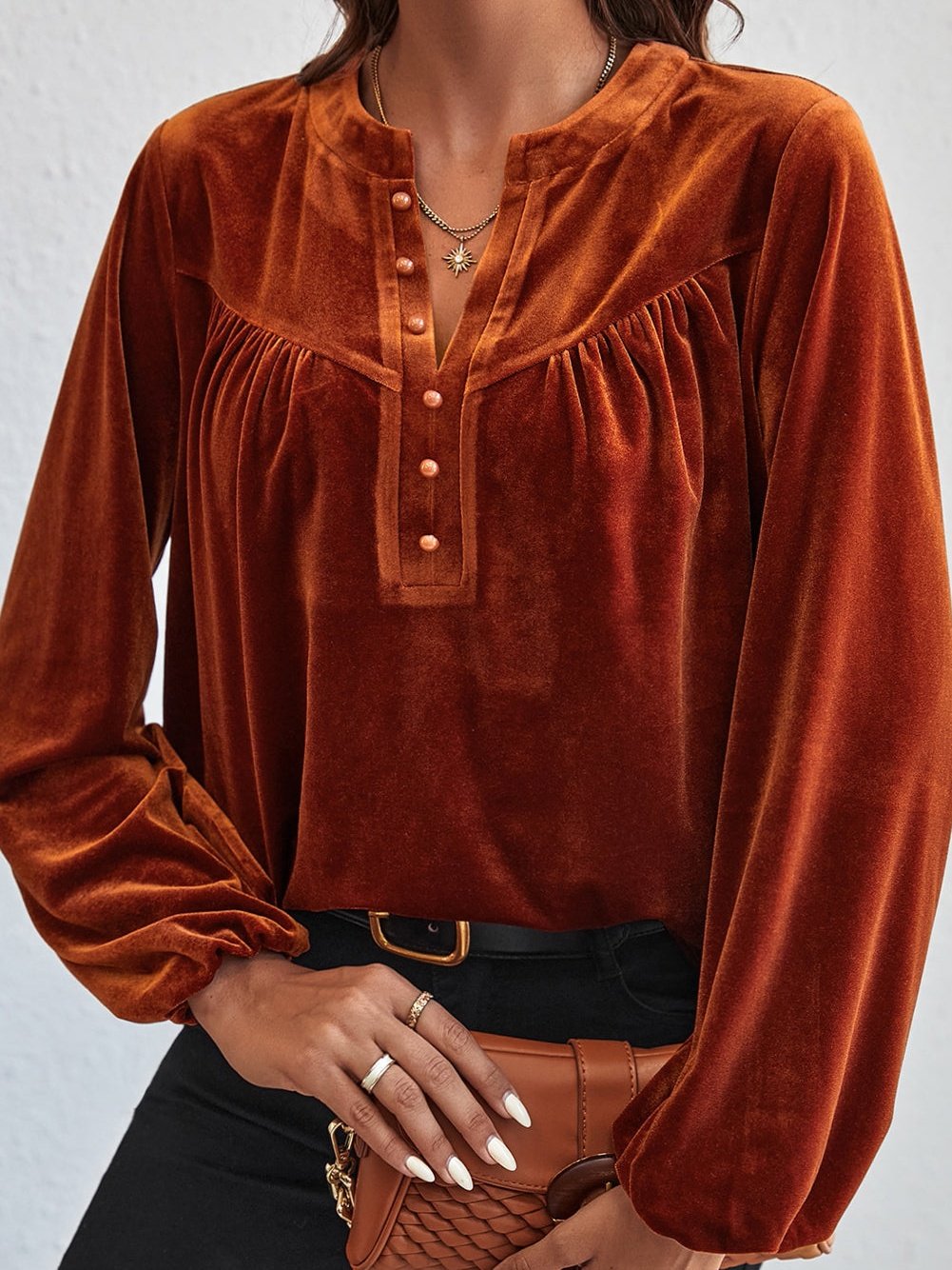 Golden Flare Lantern Sleeve Embellished Split V-Neck Velvet Blouse
