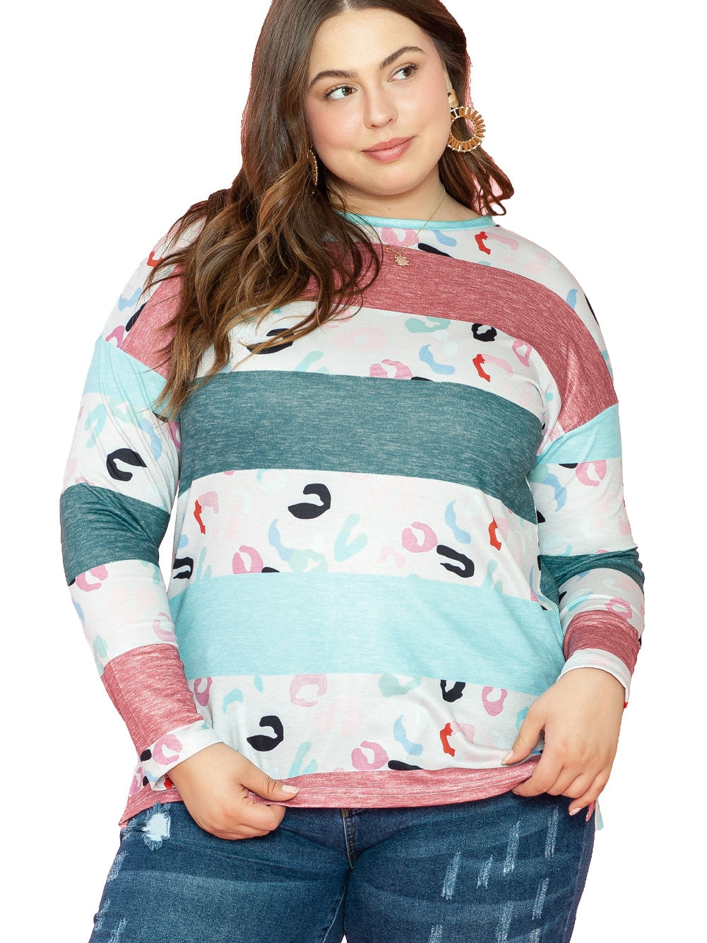 Stripe Colorblock Sky Blue Plus Size Pullover Top