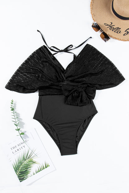Elegant Black Lace Patchwork Halter Neck Monokini with Surplice Neck