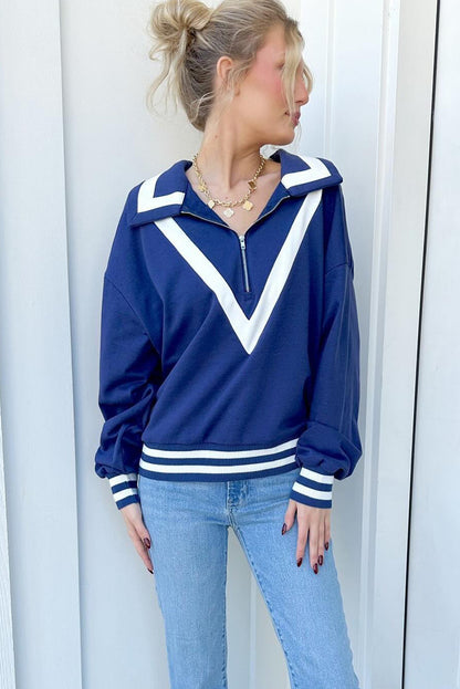 Navy Blue Nautical Striped Collar Quarter Zip Pullover Sweatshirt