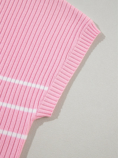 Pink Striped Ribbed Oversized T-Shirt for Plus Size Women
