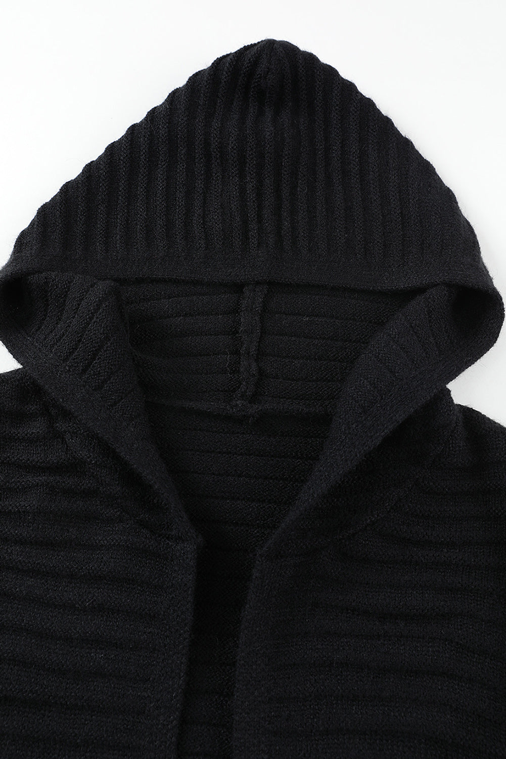 Black Ribbed Knit Hooded Cardigan for Stylish Autumn Layering