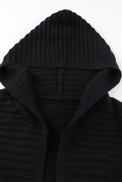 Black Ribbed Knit Hooded Cardigan for Stylish Autumn Layering