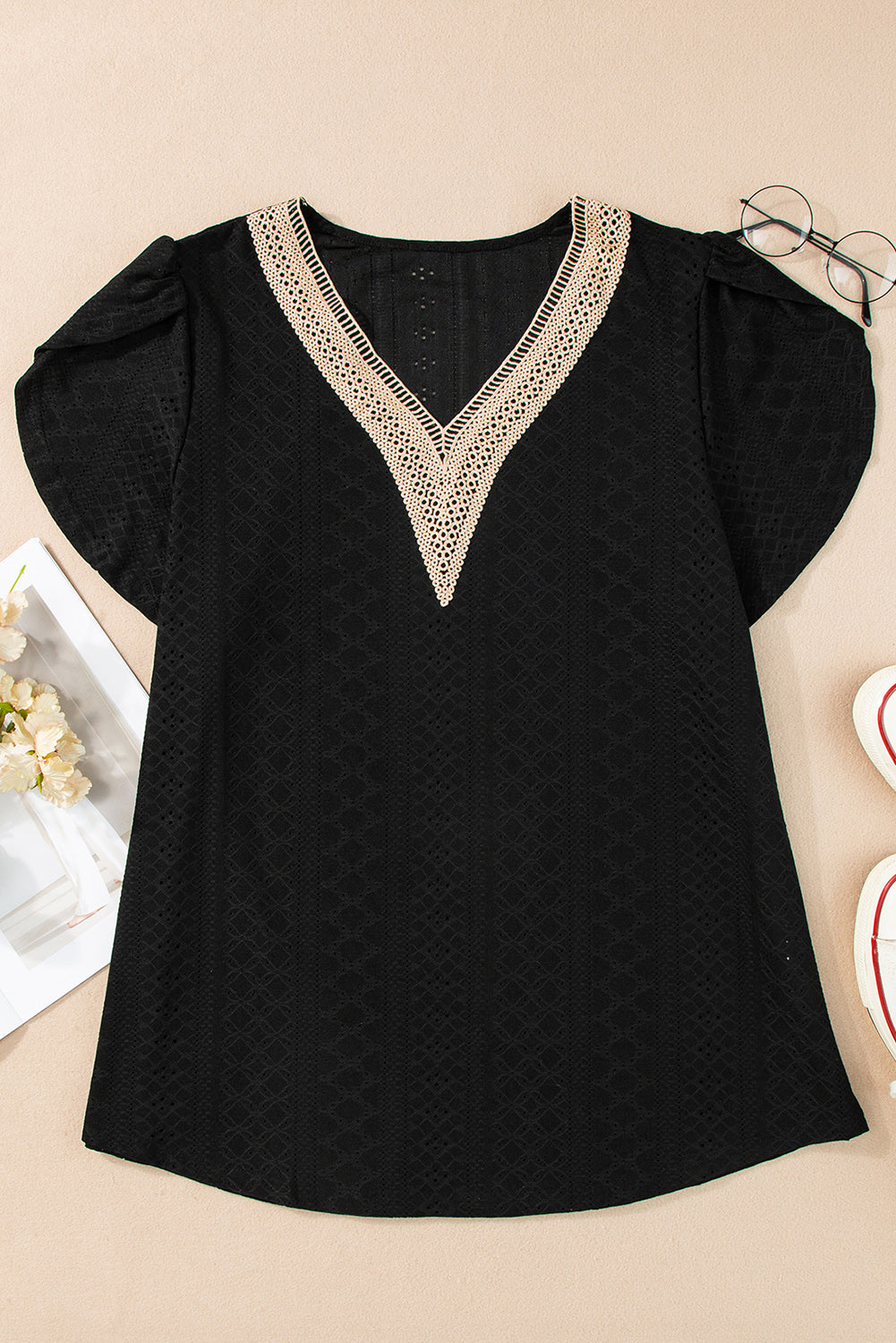 Chic Black Eyelet Embroidered V Neck Lace Top for Plus Size Women