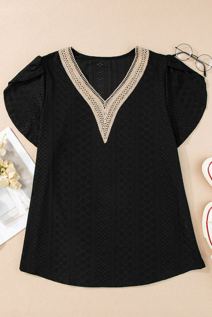 Chic Black Eyelet Embroidered V Neck Lace Top for Plus Size Women