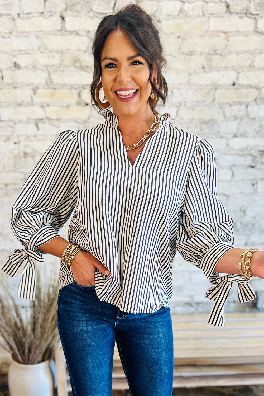Black Stripe Knotted Cuff Long Sleeve V Neck Blouse