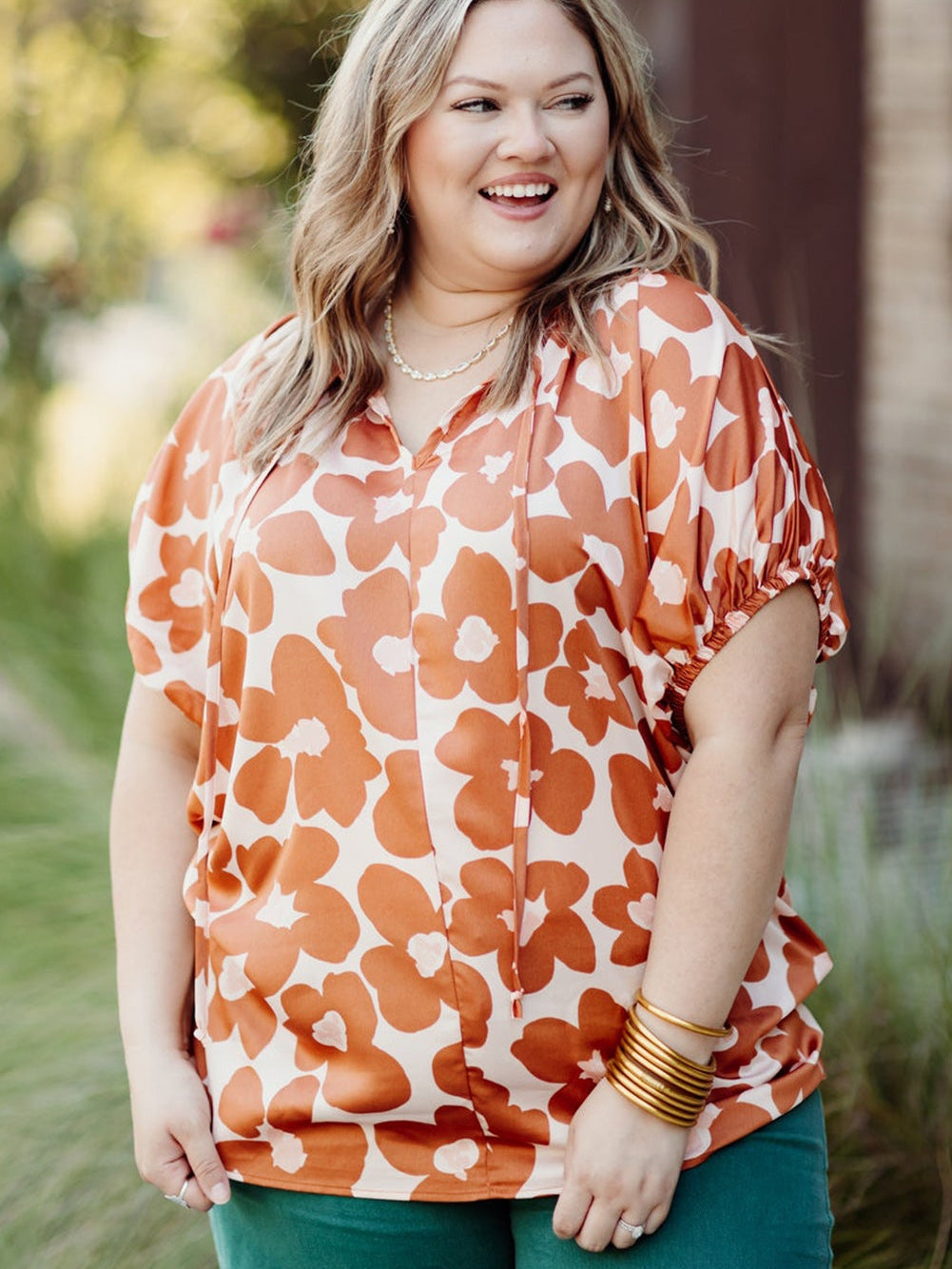 Orange Floral Print Plus Size V Neck Short Sleeve Blouse with Drawstring