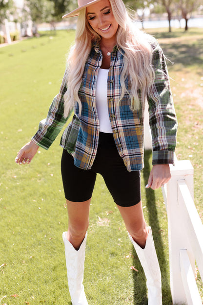 Green Plaid Shacket with Button Up Chest Pockets
