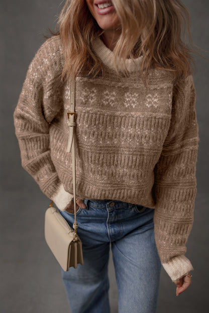 Dark Brown Geometric Knit Color Contrast Drop Sleeve Sweater