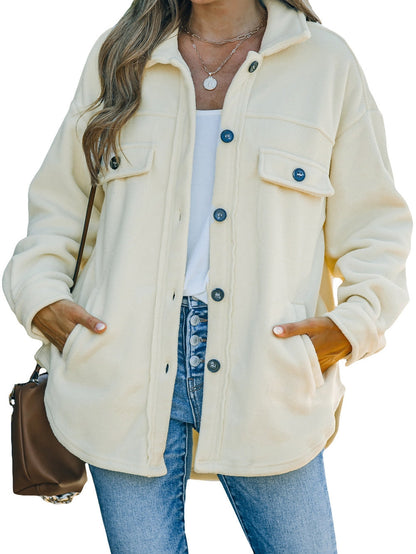 Beige Collared Button-Up Shirt Jacket