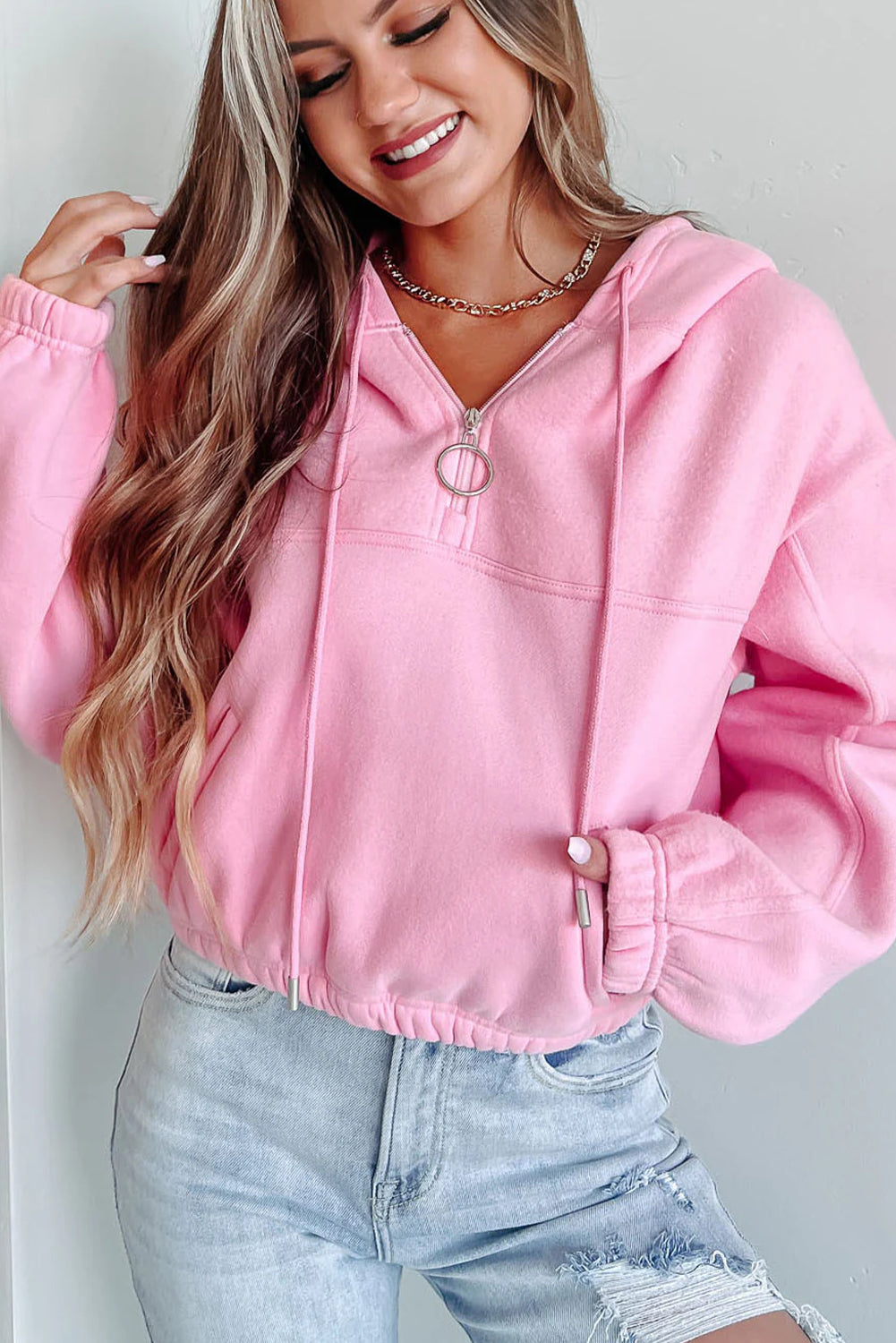 Pink Cropped Quarter Zip Drop Shoulder Hooded Sweatshirt