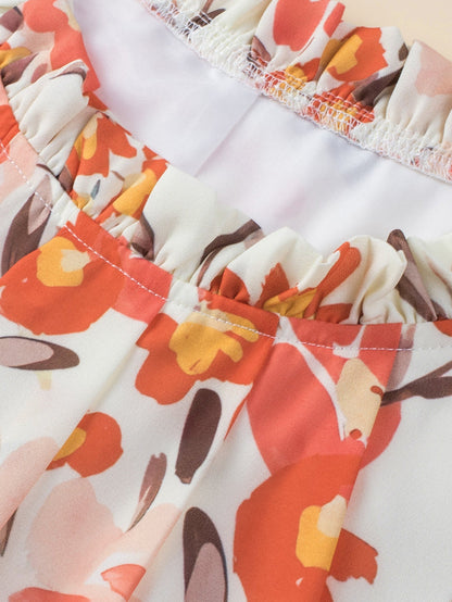 Vibrant Crimson Frilled Neck Ruffle Sleeveless Floral Dress