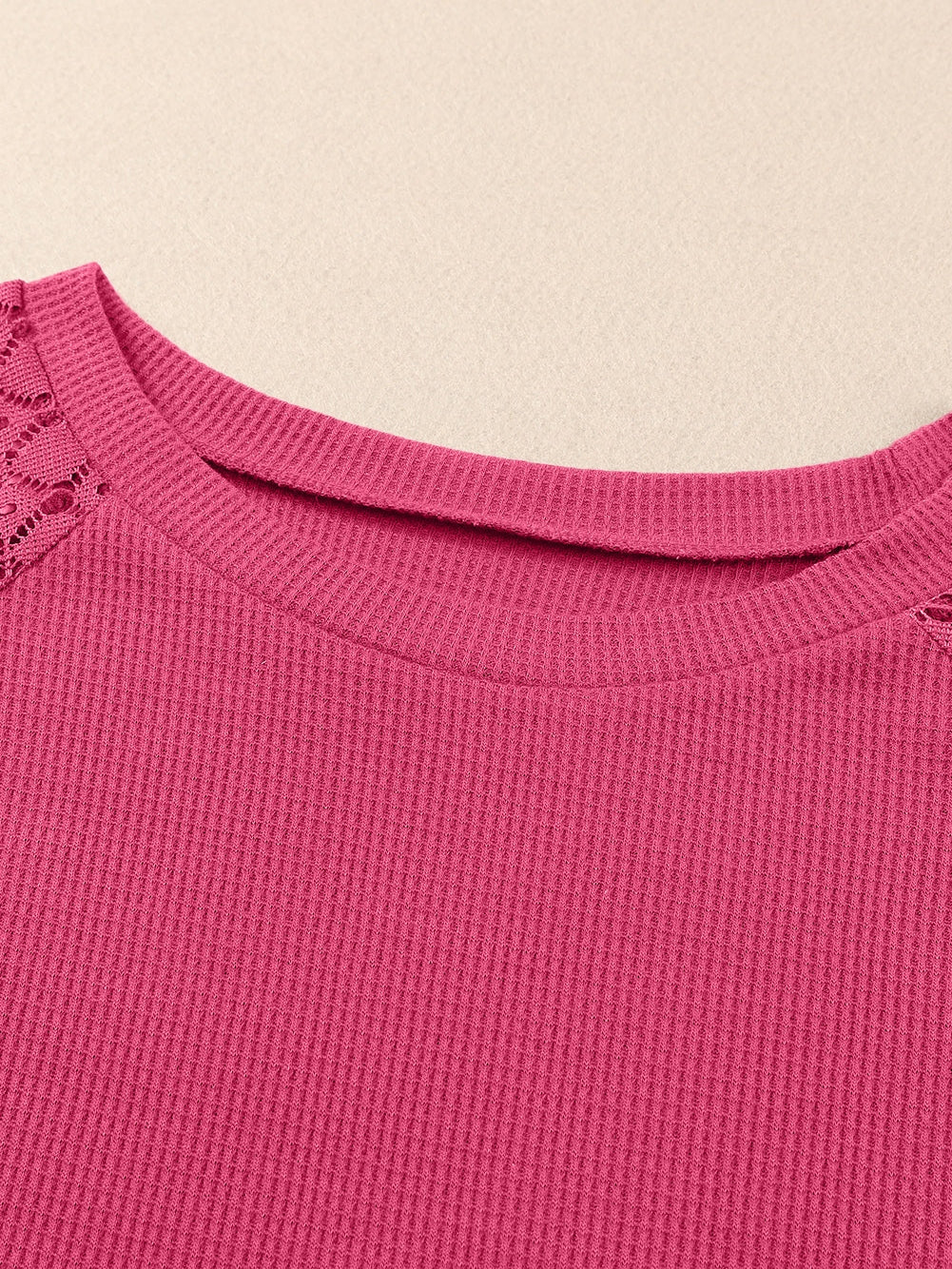 Strawberry Pink Plus Size Contrast Lace Sleeve Waffle Knit Top