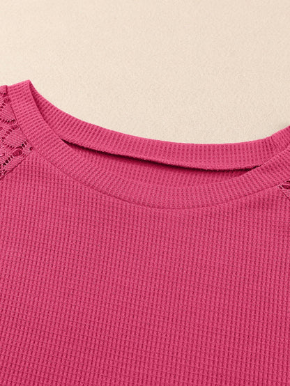 Strawberry Pink Plus Size Contrast Lace Sleeve Waffle Knit Top