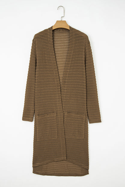 Camel Double Patch Pocket Striped Texture Knit Open Front Duster Cardigan