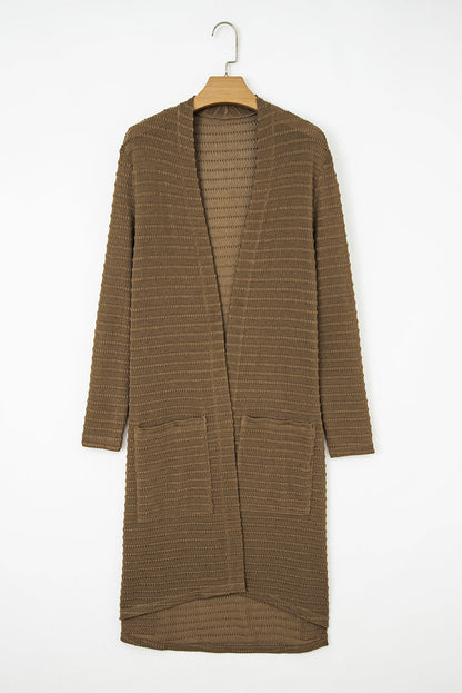 Camel Double Patch Pocket Striped Texture Knit Open Front Duster Cardigan