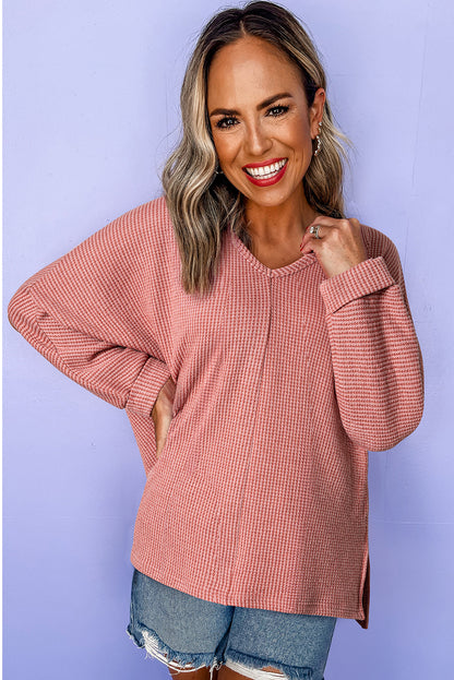 Mineral Red Textured Knit Loose V Neck Tunic Top with Slits