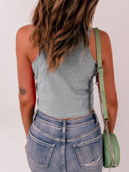 Gray Ribbed Sleeveless Crop Top with Crew Neck