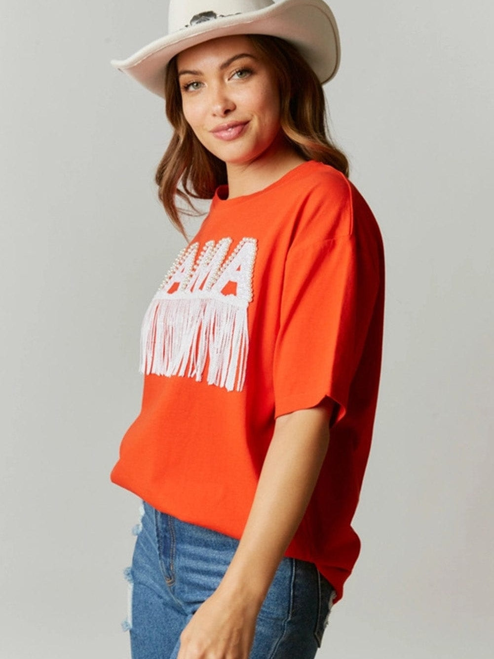 Beaded MAMA Graphic Orange Fringe Trim Oversized Tee