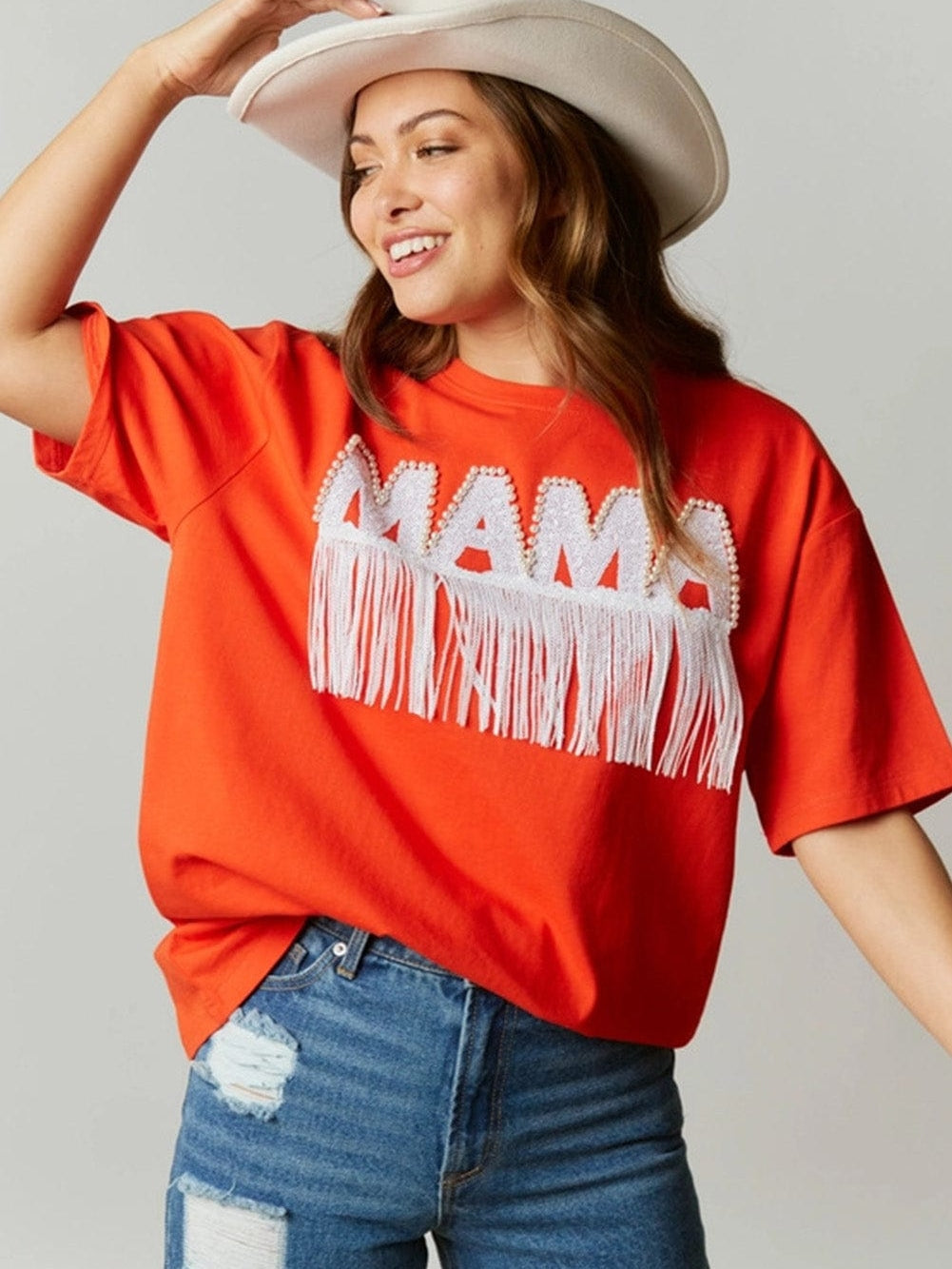 Beaded MAMA Graphic Orange Fringe Trim Oversized Tee