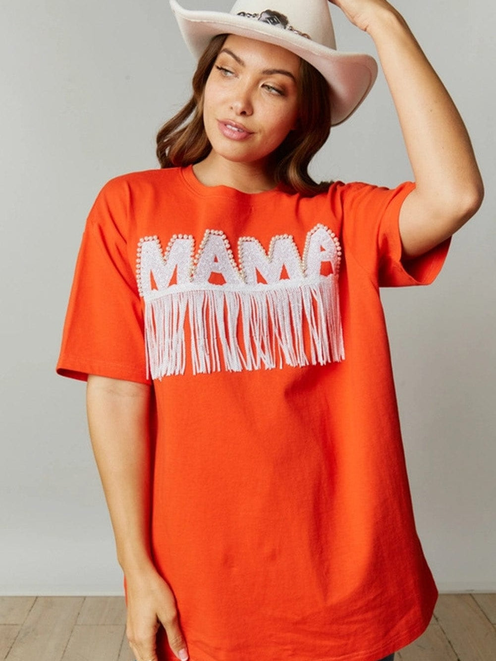 Beaded MAMA Graphic Orange Fringe Trim Oversized Tee
