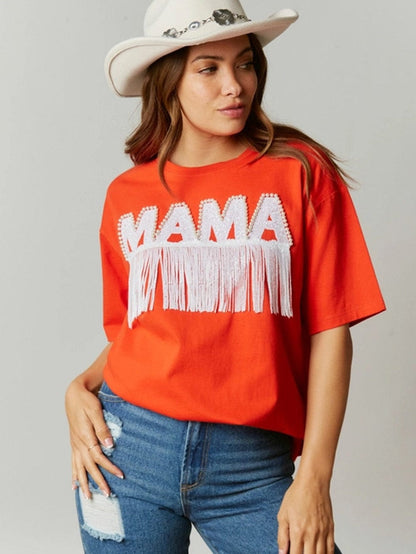 Beaded MAMA Graphic Orange Fringe Trim Oversized Tee