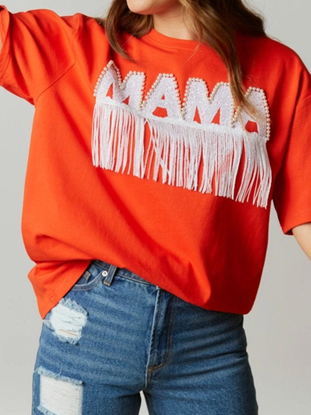 Beaded MAMA Graphic Orange Fringe Trim Oversized Tee