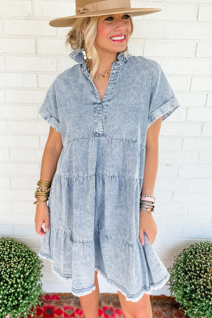 Beau Blue Acid Wash Tiered Denim Mini Dress with V-Neck