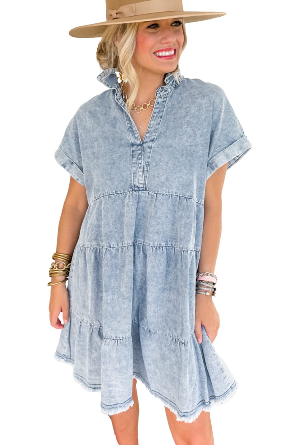 Beau Blue Acid Wash Tiered Denim Mini Dress with V-Neck