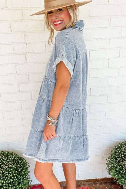Beau Blue Acid Wash Tiered Denim Mini Dress with V-Neck