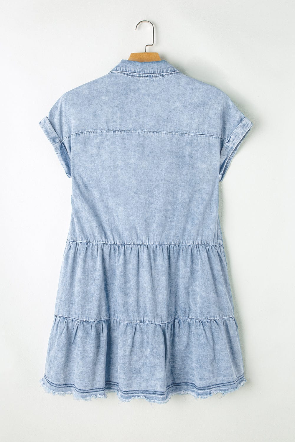 Beau Blue Acid Wash Tiered Denim Mini Dress with V-Neck