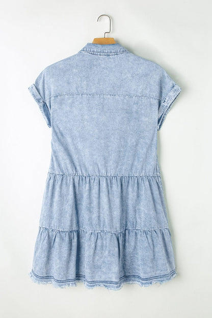 Beau Blue Acid Wash Tiered Denim Mini Dress with V-Neck
