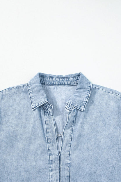 Beau Blue Acid Wash Tiered Denim Mini Dress with V-Neck