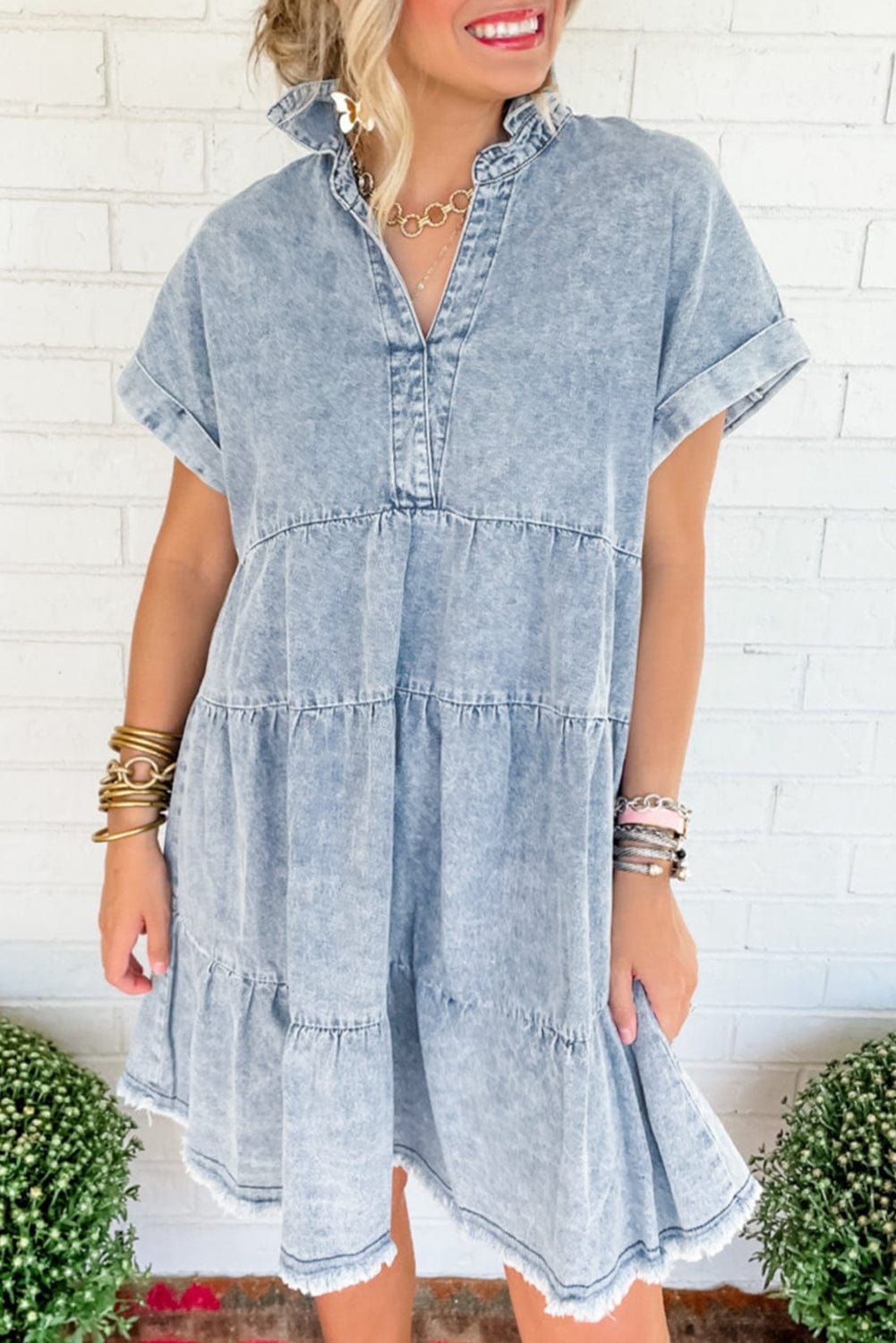 Beau Blue Acid Wash Tiered Denim Mini Dress with V-Neck