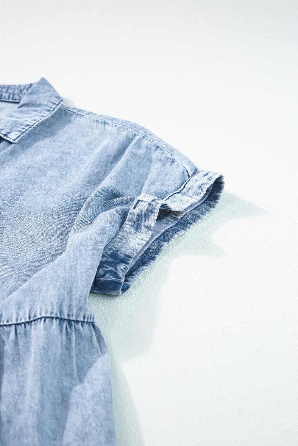 Beau Blue Acid Wash Tiered Denim Mini Dress with V-Neck