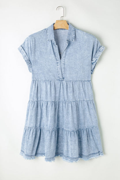 Beau Blue Acid Wash Tiered Denim Mini Dress with V-Neck