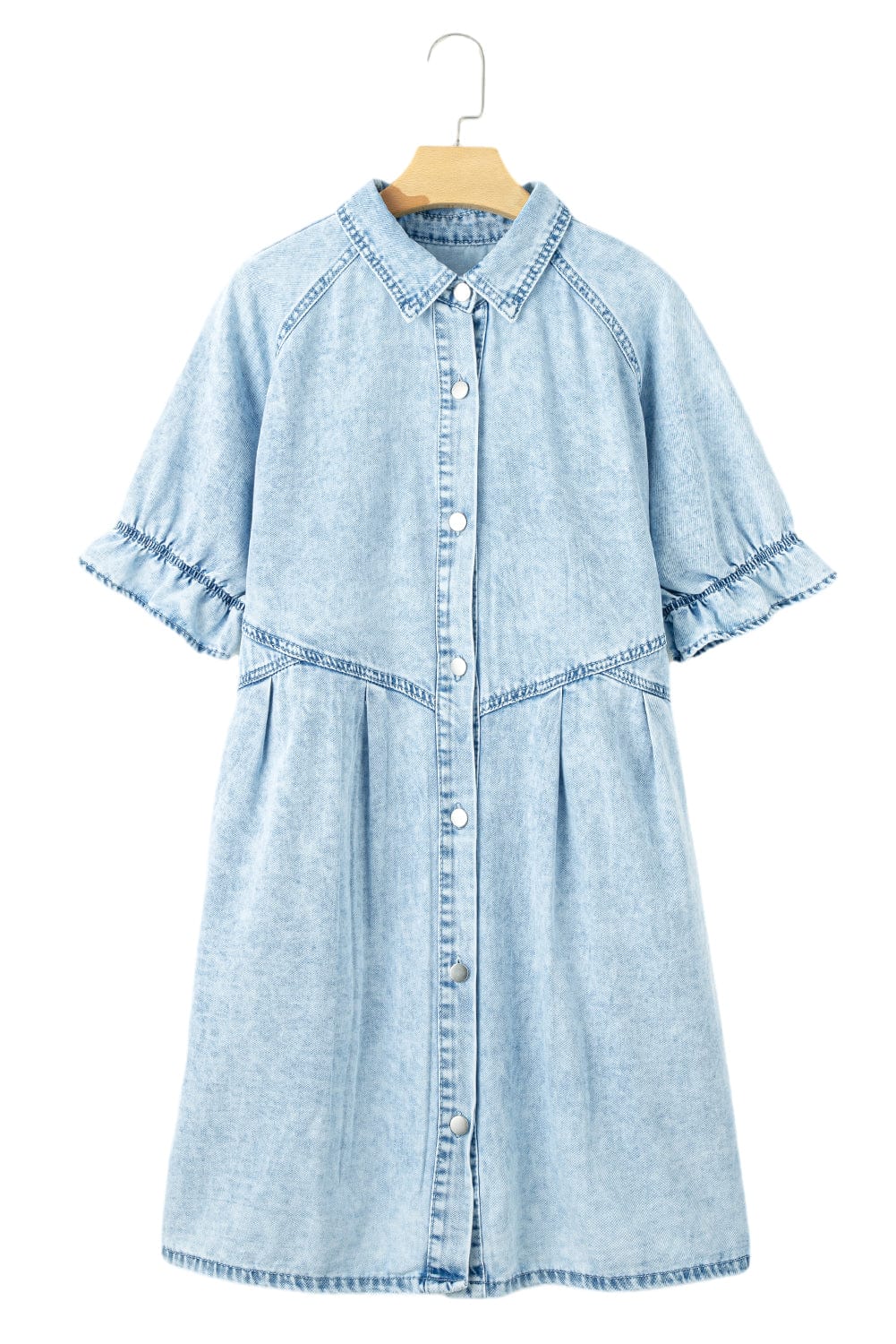 Beau Blue Chambray Ruffled Collared Denim Shift Dress