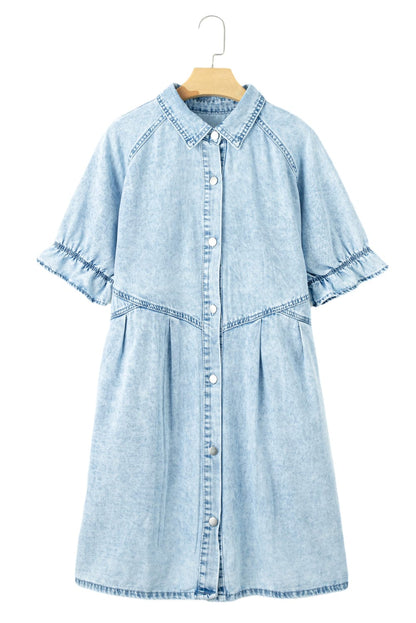 Beau Blue Chambray Ruffled Collared Denim Shift Dress
