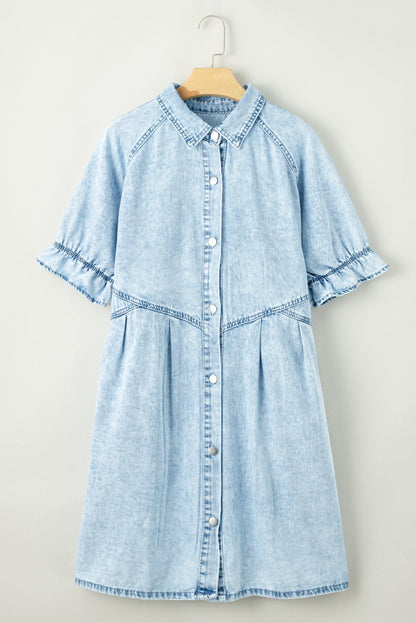 Beau Blue Chambray Ruffled Collared Denim Shift Dress