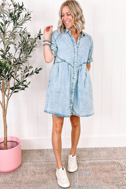 Beau Blue Chambray Ruffled Collared Denim Shift Dress