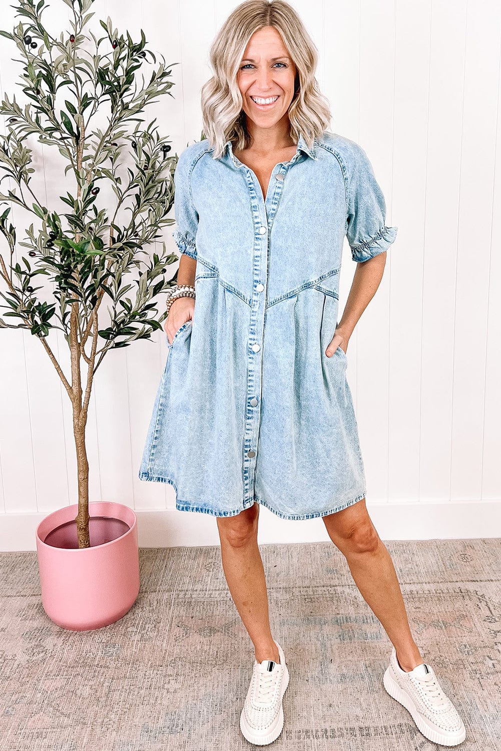 Beau Blue Chambray Ruffled Collared Denim Shift Dress