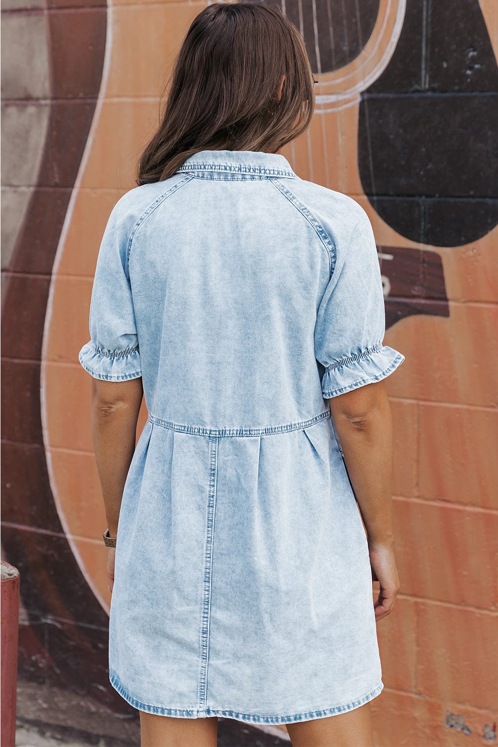 Beau Blue Chambray Ruffled Collared Denim Shift Dress