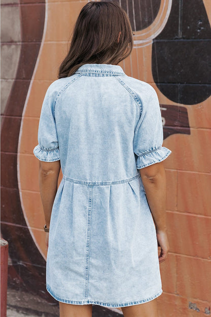 Beau Blue Chambray Ruffled Collared Denim Shift Dress