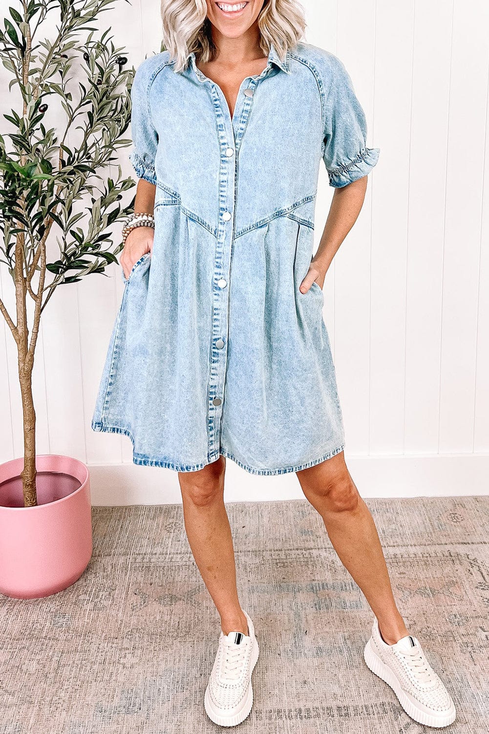 Beau Blue Chambray Ruffled Collared Denim Shift Dress