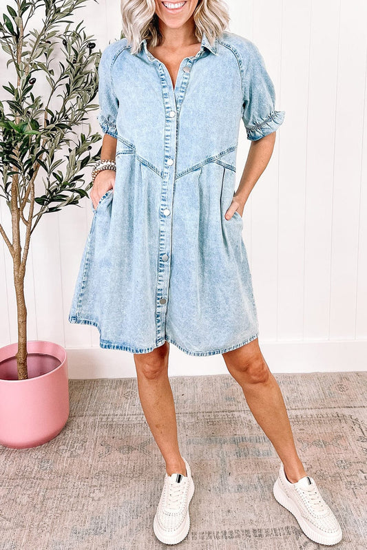 Beau Blue Chambray Ruffled Collared Denim Shift Dress