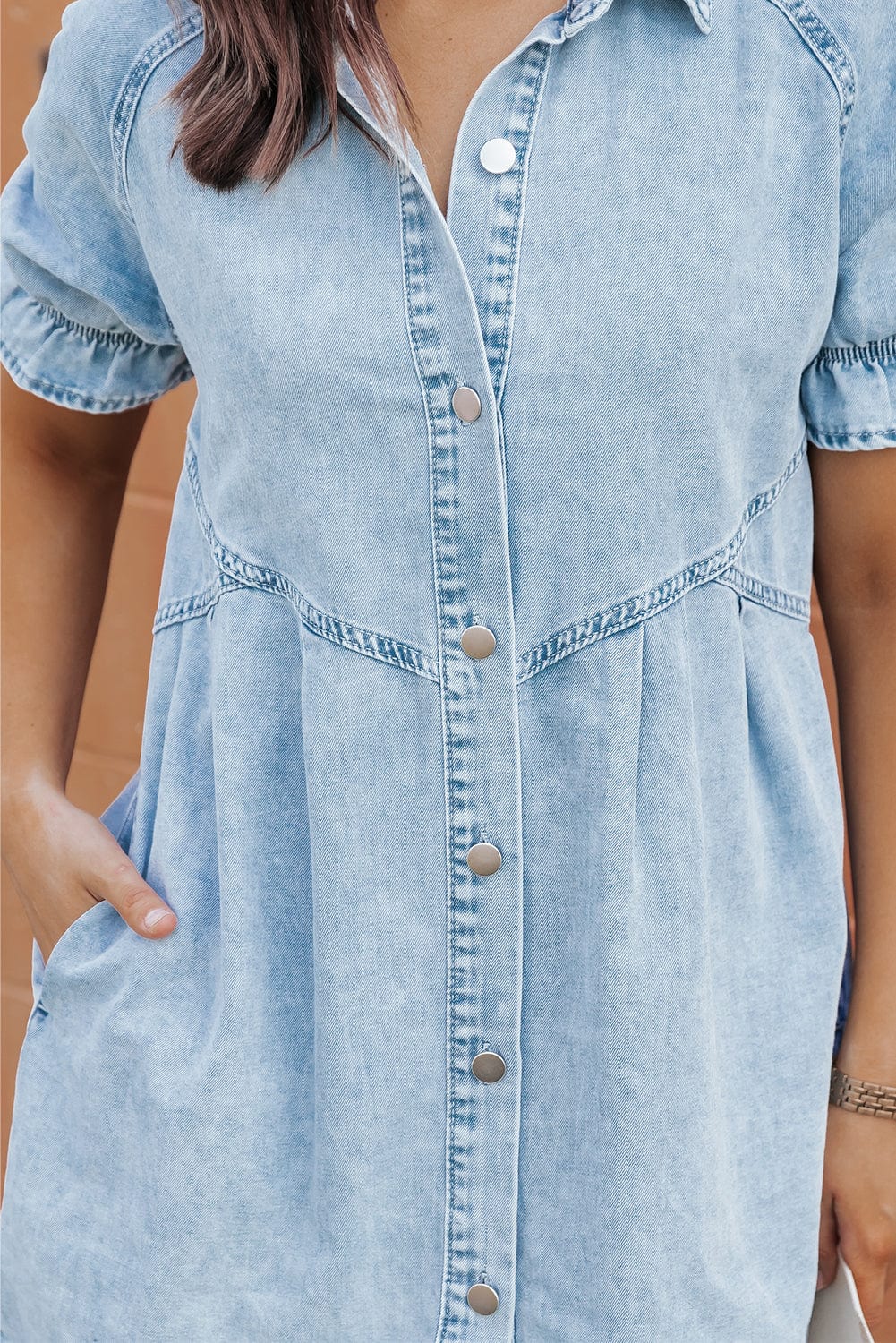 Beau Blue Chambray Ruffled Collared Denim Shift Dress