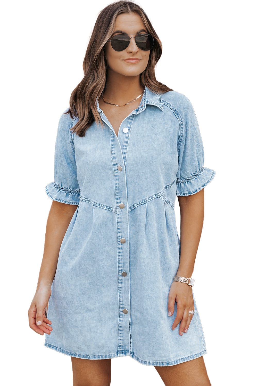Beau Blue Chambray Ruffled Collared Denim Shift Dress