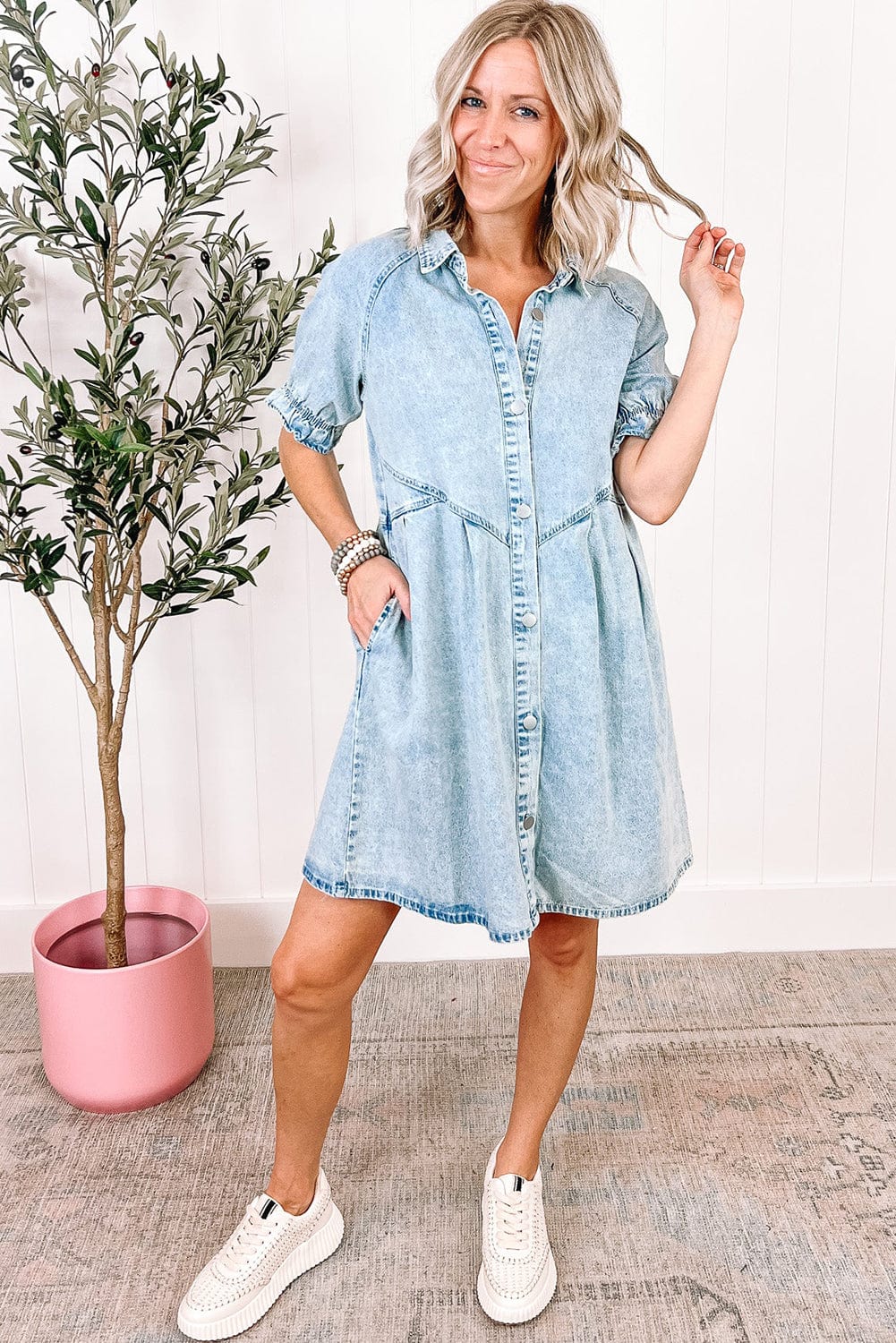 Beau Blue Chambray Ruffled Collared Denim Shift Dress