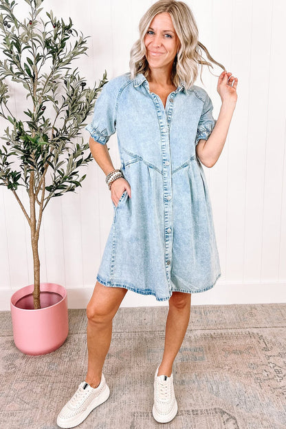 Beau Blue Chambray Ruffled Collared Denim Shift Dress