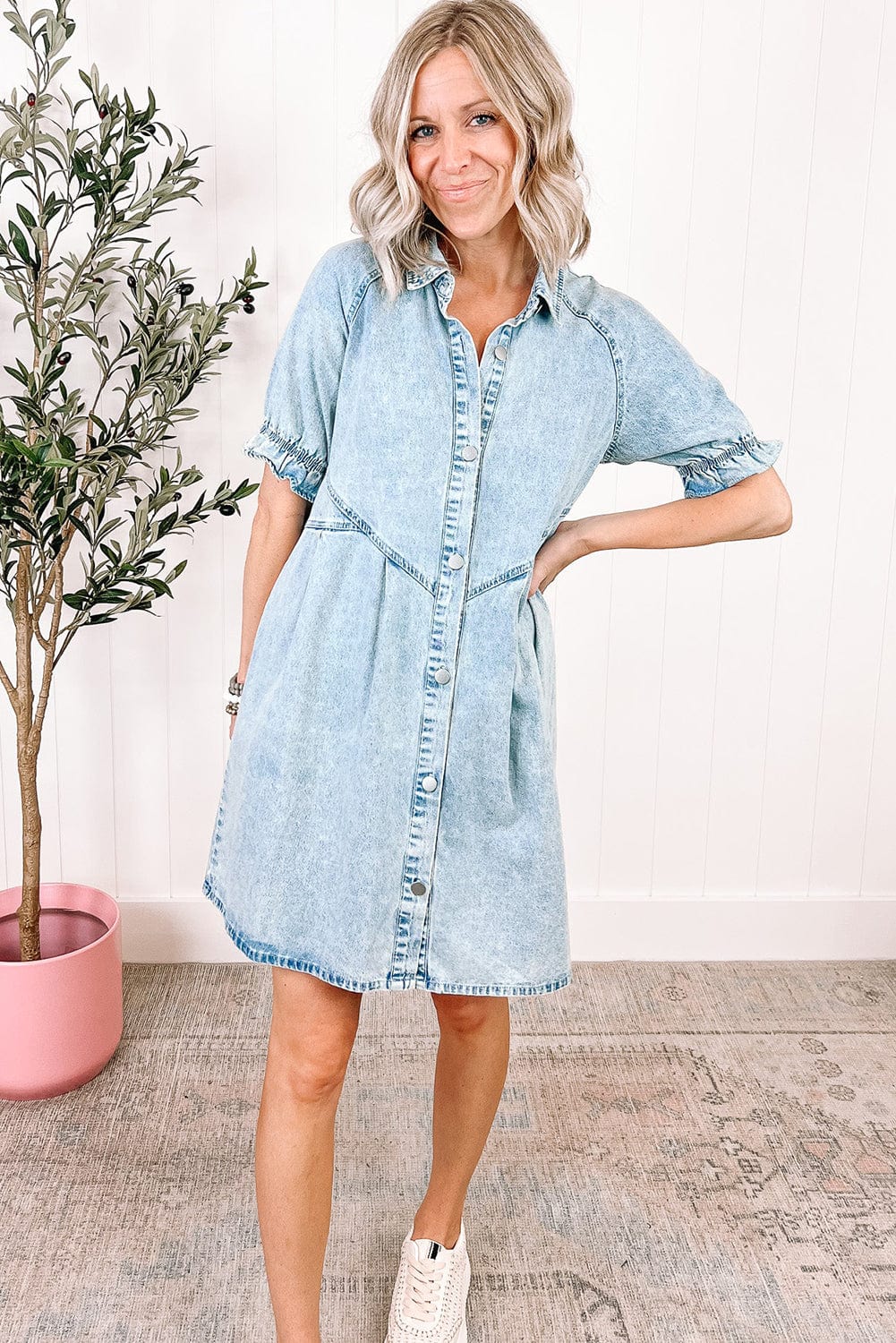 Beau Blue Chambray Ruffled Collared Denim Shift Dress